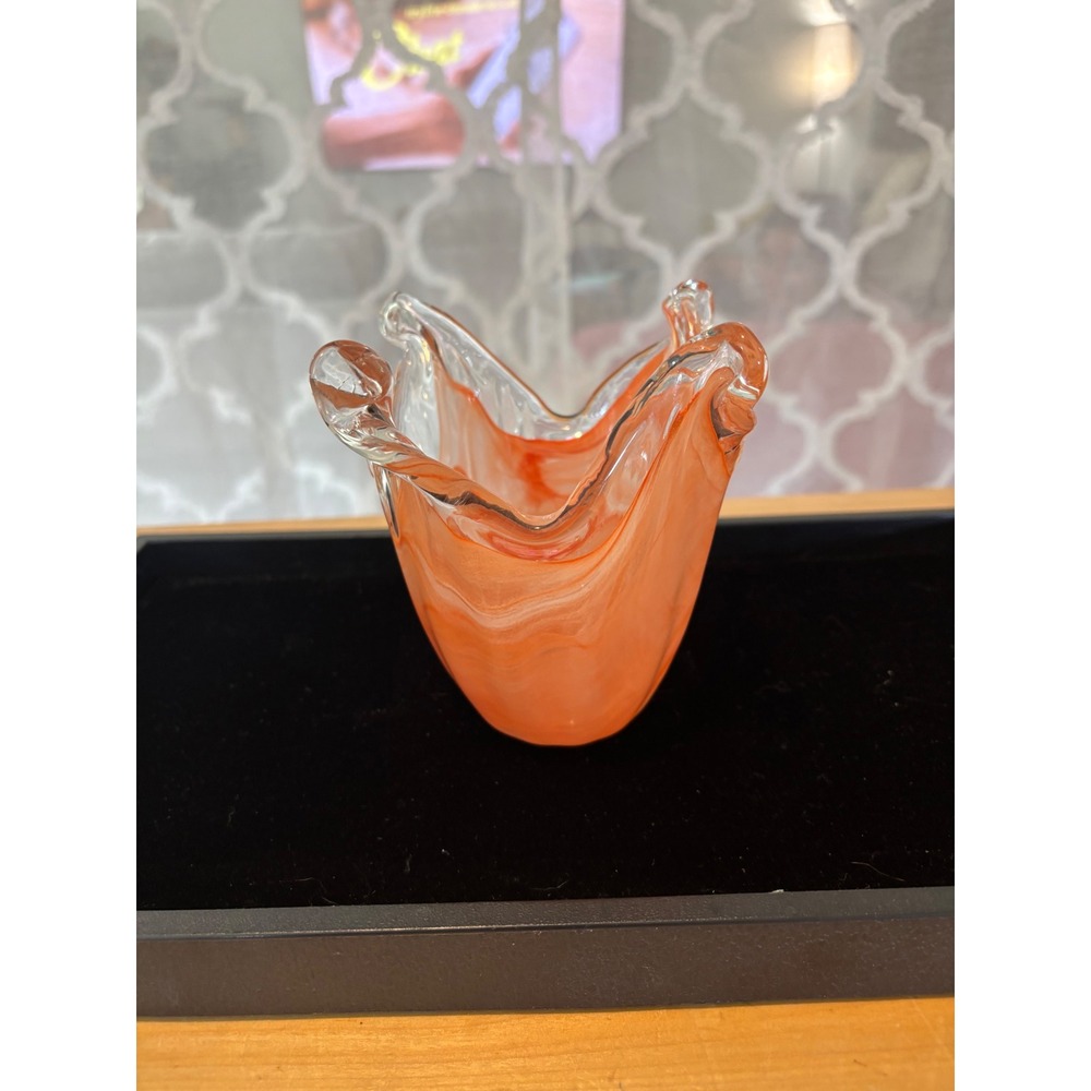 Vintage Murano Art Glass Handkerchief Vase Orange Swirl Splash Bowl 5 inch